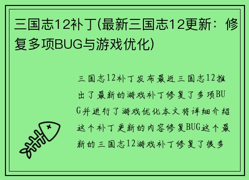 三国志12补丁(最新三国志12更新：修复多项BUG与游戏优化)